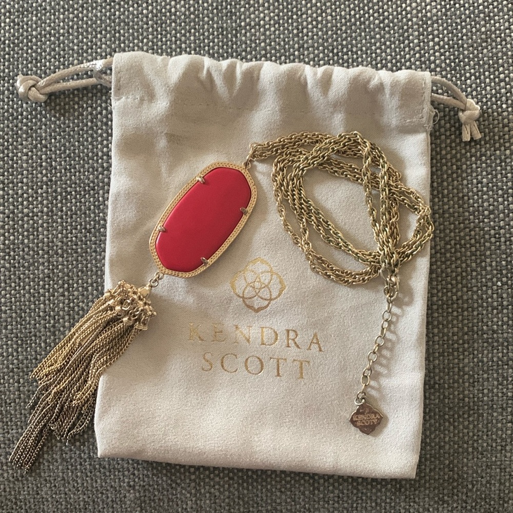 Kendra Scott Rayne Gold Large Long Pendant Necklace with Red Stone